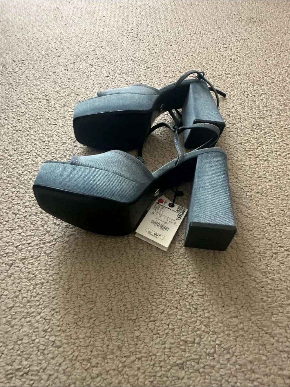 Zara Denim Platform Block Heel Sandal in Light Blue